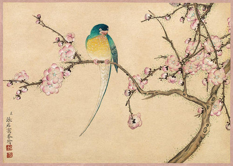 Bird with Plum Blossoms Black Ornate Wood Framed Art Print with Double Matting by Ruoai, Zhang