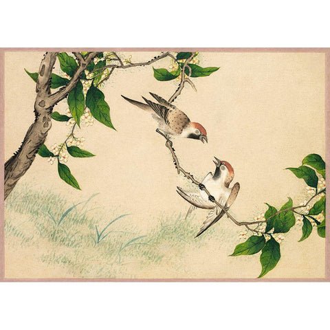 Gossiping Sparrows Gold Ornate Wood Framed Art Print with Double Matting by Ruoai, Zhang