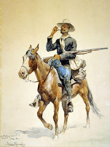 A Mounted Infantryman Black Ornate Wood Framed Art Print with Double Matting by Remington, Frederic