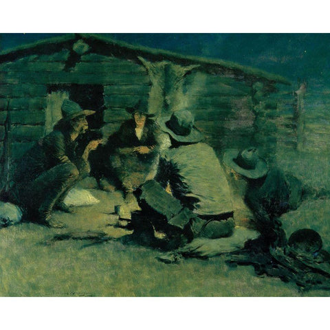 Around the Campfire Black Modern Wood Framed Art Print with Double Matting by Remington, Frederic