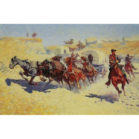 Attack on the Supply Wagons Gold Ornate Wood Framed Art Print with Double Matting by Remington, Frederic