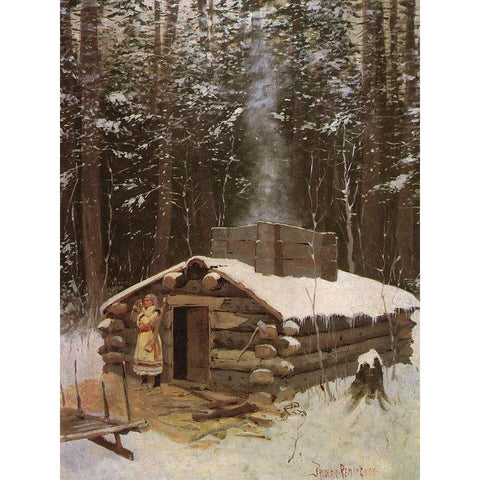 Cabin in the Woods Black Modern Wood Framed Art Print with Double Matting by Remington, Frederic