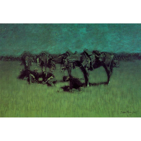 Night Halt of the Cavalry Gold Ornate Wood Framed Art Print with Double Matting by Remington, Frederic