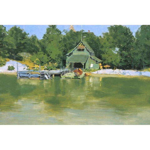 Remingtons Boat House at Inglenuck Black Modern Wood Framed Art Print with Double Matting by Remington, Frederic