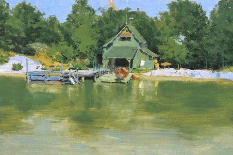 Remingtons Boat House at Inglenuck White Modern Wood Framed Art Print with Double Matting by Remington, Frederic