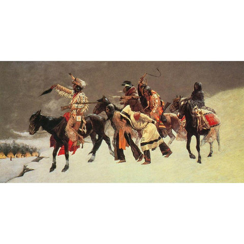 Return of the Blackfoot War Party Black Modern Wood Framed Art Print with Double Matting by Remington, Frederic