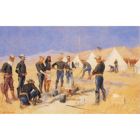 Roasting the Christmas Beef in a Cavalry Camp White Modern Wood Framed Art Print by Remington, Frederic