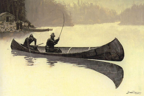 Trout Fishing in Canada Black Ornate Wood Framed Art Print with Double Matting by Remington, Frederic