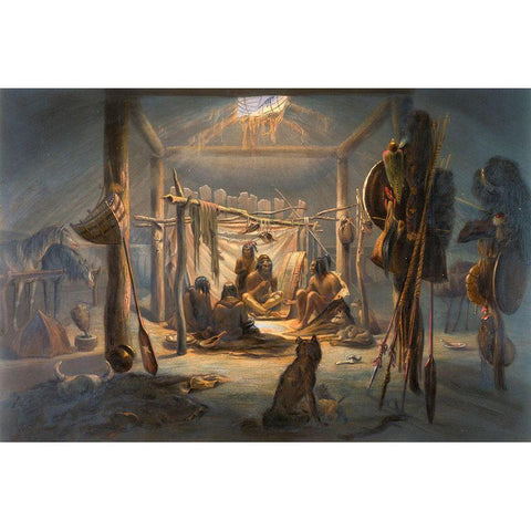 The Interior of the Hut of a Mandan Chief Gold Ornate Wood Framed Art Print with Double Matting by Bodmer, Karl