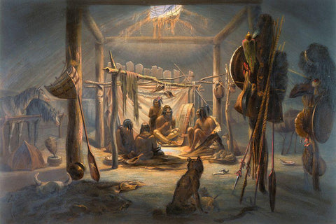 The Interior of the Hut of a Mandan Chief Black Ornate Wood Framed Art Print with Double Matting by Bodmer, Karl