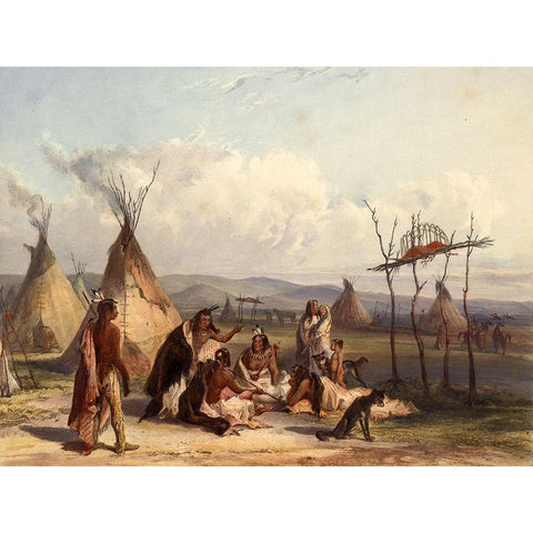 Funeral scaffold of a Sioux chief White Modern Wood Framed Art Print by Bodmer, Karl