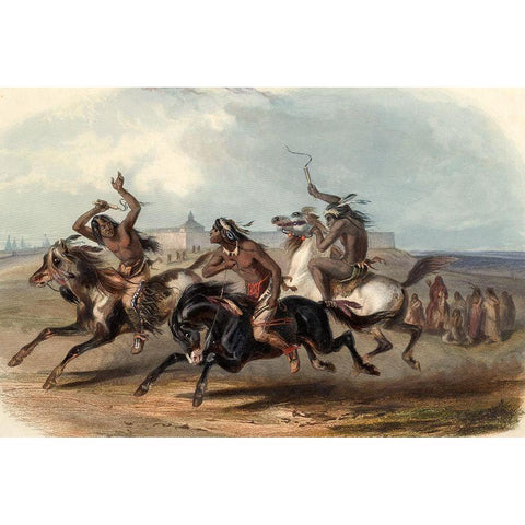 Horse racing of the Sioux indians Gold Ornate Wood Framed Art Print with Double Matting by Bodmer, Karl