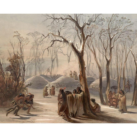 Winter village of the Minatarres Indians Gold Ornate Wood Framed Art Print with Double Matting by Bodmer, Karl