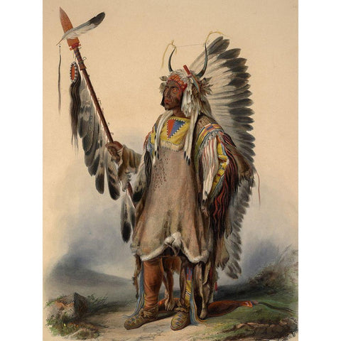 A Mandan Indian Chief Black Modern Wood Framed Art Print with Double Matting by Bodmer, Karl