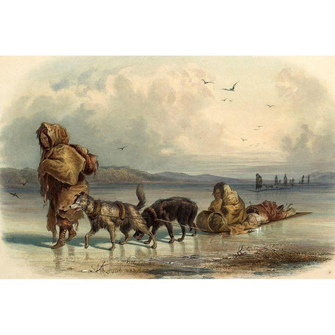 Dog sledges of the Mandan indians Black Modern Wood Framed Art Print by Bodmer, Karl