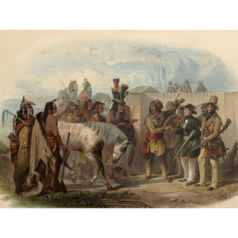 The travellers meeting with Minatarre indians Black Modern Wood Framed Art Print with Double Matting by Bodmer, Karl