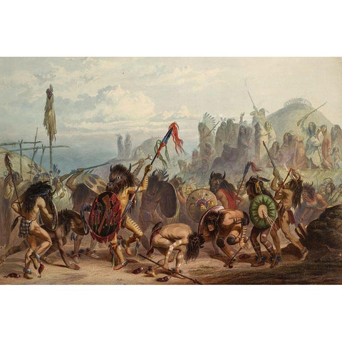 Bison dance of the Mandan indians Gold Ornate Wood Framed Art Print with Double Matting by Bodmer, Karl