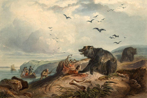 Hunting of the Grizzly Bear White Modern Wood Framed Art Print with Double Matting by Bodmer, Karl