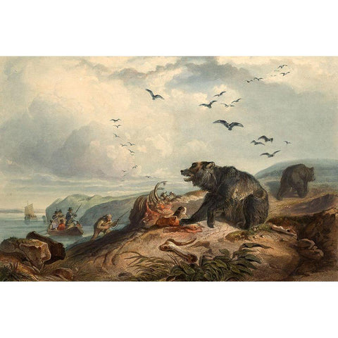 Hunting of the Grizzly Bear White Modern Wood Framed Art Print by Bodmer, Karl