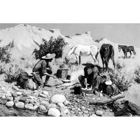 Prospectors Making Frying-Pan Bread Gold Ornate Wood Framed Art Print with Double Matting by Remington, Frederic