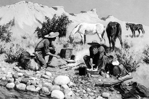 Prospectors Making Frying-Pan Bread White Modern Wood Framed Art Print with Double Matting by Remington, Frederic