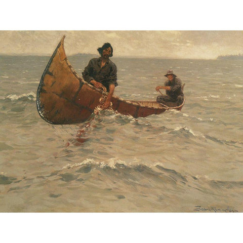 Hauling in the Gill Net White Modern Wood Framed Art Print by Remington, Frederic