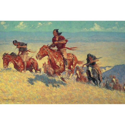 The Buffalo Runners - Big Horn Basin Gold Ornate Wood Framed Art Print with Double Matting by Remington, Frederic