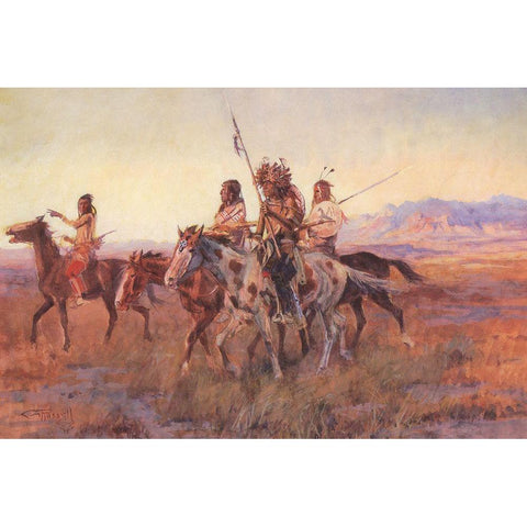 Four Mounted Indians White Modern Wood Framed Art Print by Russell, Charles Marion