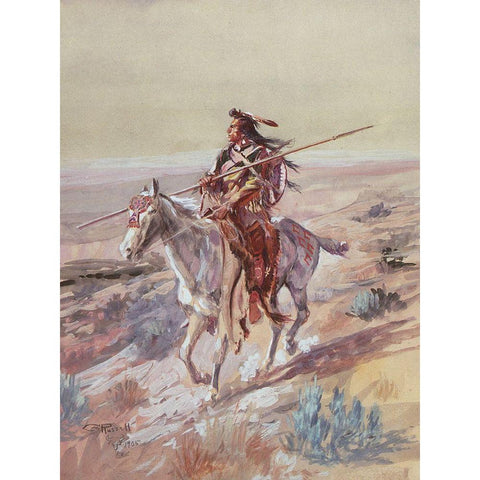 Indian with Spear White Modern Wood Framed Art Print by Russell, Charles Marion