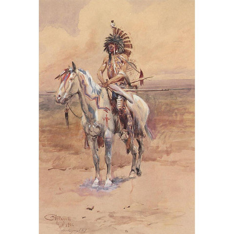 Mandan Warrior Gold Ornate Wood Framed Art Print with Double Matting by Russell, Charles Marion