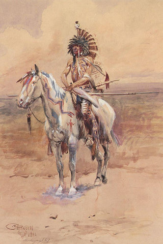 Mandan Warrior White Modern Wood Framed Art Print with Double Matting by Russell, Charles Marion