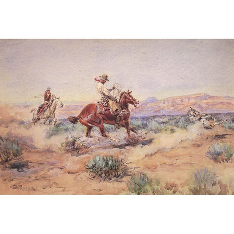 Roping a Wolf by the neck Black Modern Wood Framed Art Print with Double Matting by Russell, Charles Marion