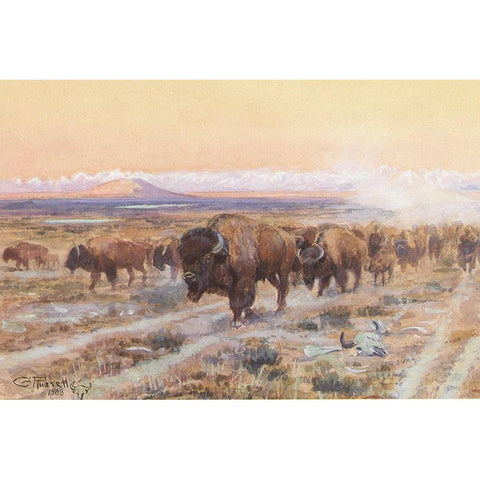 The Bison Trail Gold Ornate Wood Framed Art Print with Double Matting by Russell, Charles Marion