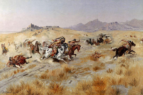 Stagecoach Attack White Modern Wood Framed Art Print with Double Matting by Russell, Charles Marion