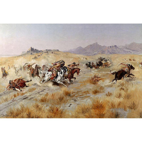 Stagecoach Attack Black Modern Wood Framed Art Print with Double Matting by Russell, Charles Marion