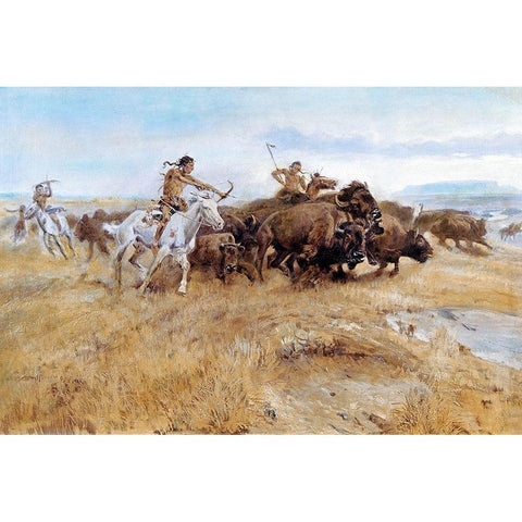 The Buffalo Hunt Gold Ornate Wood Framed Art Print with Double Matting by Russell, Charles Marion