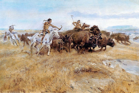 The Buffalo Hunt White Modern Wood Framed Art Print with Double Matting by Russell, Charles Marion