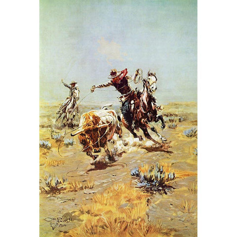 Cowboy Roping a Steer White Modern Wood Framed Art Print by Russell, Charles Marion