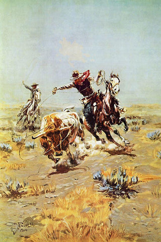 Cowboy Roping a Steer White Modern Wood Framed Art Print with Double Matting by Russell, Charles Marion