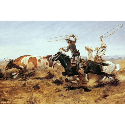 OH Cowboys Roping a Steer Black Modern Wood Framed Art Print with Double Matting by Russell, Charles Marion