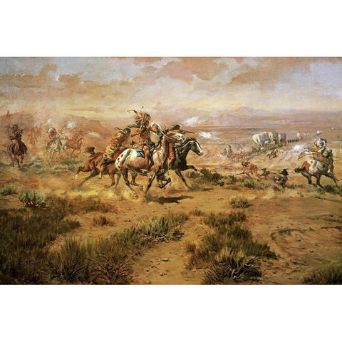 The Attack On The Wagon Train Gold Ornate Wood Framed Art Print with Double Matting by Russell, Charles Marion