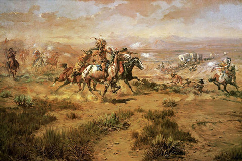 The Attack On The Wagon Train White Modern Wood Framed Art Print with Double Matting by Russell, Charles Marion