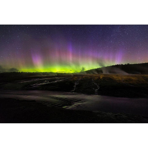 Aurora borealis III, Upper Geyser Basin, Yellowstone National Park Black Modern Wood Framed Art Print with Double Matting by The Yellowstone Collection