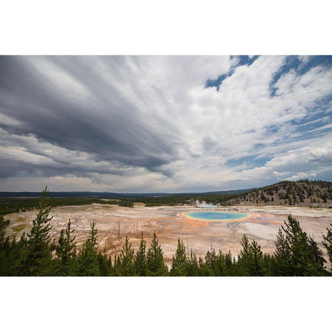 Building Storm over Grand Prismatic Spring, Yellowstone National Park White Modern Wood Framed Art Print by Frank, Jacob W.