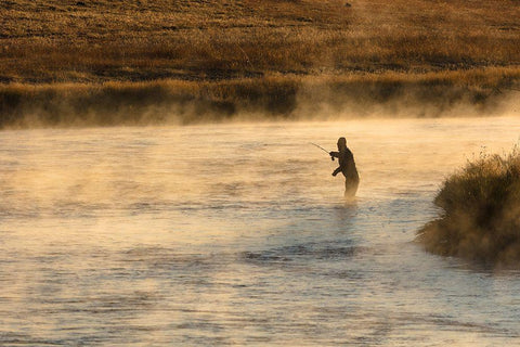 Fall Fishing on the Madison River at Sunrise, Yellowstone National Park White Modern Wood Framed Art Print with Double Matting by Frank, Jacob W.