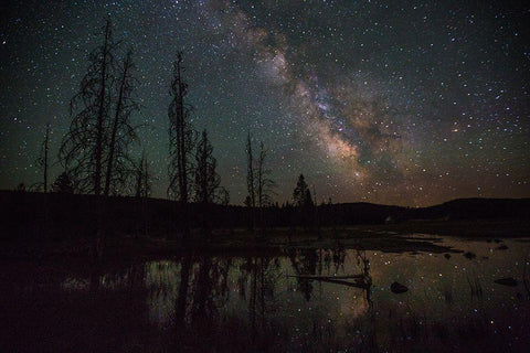 Firehole Lake Drive and Milky Way, Yellowstone National Park White Modern Wood Framed Art Print with Double Matting by The Yellowstone Collection