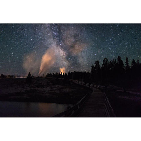 Milky Way and Castle Geyser over the Firehole River, Yellowstone National Park Black Modern Wood Framed Art Print with Double Matting by Frank, Jacob W.