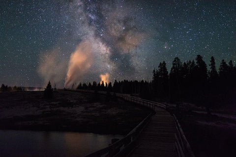 Milky Way and Castle Geyser over the Firehole River, Yellowstone National Park Black Ornate Wood Framed Art Print with Double Matting by Frank, Jacob W.