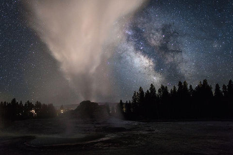 Milky Way over Castle Geyser, Yellowstone National Park White Modern Wood Framed Art Print with Double Matting by The Yellowstone Collection