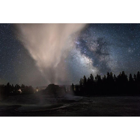 Milky Way over Castle Geyser, Yellowstone National Park White Modern Wood Framed Art Print by The Yellowstone Collection